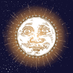 Wall Mural - sunrise engraving illustration. vintage engraved sun with face of the human like. anthropomorphic fl