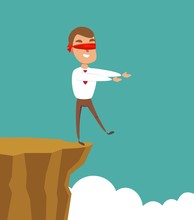Blindfolded Businessman Walk To The Cliff. Business Concept. Stock Flat Vector Illustration.
