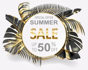 Vector advertising banner with gold and black tropical leaves and gold summer sales on white