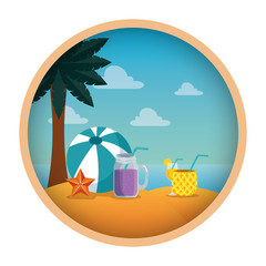 Sticker - summer beach seascape with cocktails and balloon