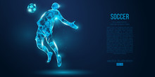 Abstract Soccer Player, Footballer From Particles On Blue Background. All Elements On A Separate Layers, Color Can Be Changed To Any Other. Low Poly Neon Wire Outline Geometric Football Player. Vector