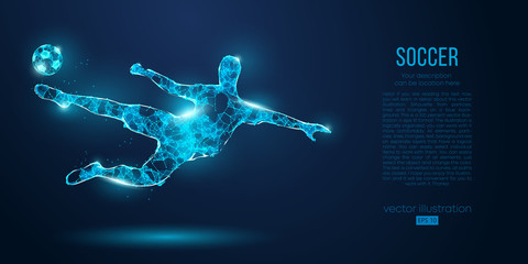 Wall Mural - Abstract soccer player, footballer from particles on blue background. All elements on a separate layers, color can be changed to any other. Low poly neon wire outline geometric football player. Vector