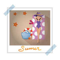 Sticker - photo snapshot with woman in summer beach and bag