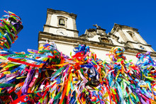 Igreja De Nosso Senhor Do Bonfim, A Catholic Church Located In Salvador, Bahia In Brazil. Famous Touristic Place Where People Make Wishes While Tie The Ribbons In Front Of The Church.