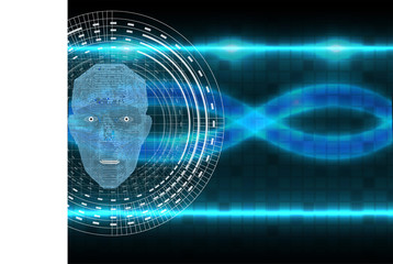 Poster - Future of Artificial Intelligence (AI), Human face with AI text made by digital circuit on blue background for web banner design.