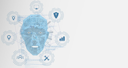 Poster - Future of Artificial Intelligence (AI), Human face with AI text made by digital circuit on blue background for web banner design.