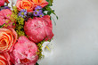 Bouquet of fresh pink peonies and roses. Card Concept, pastel colors, close up image