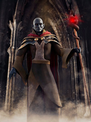 Wall Mural - Vampire wizard standing in front of a door to a fantasy castle and holding a shining staff. 3D render. The model in the image is a 3D object.