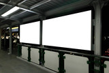 Fototapeta Zachód słońca - Two blank billboards situated at a train location. Blank horizontal big poster in public place.