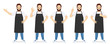 Handsome man in black apron standing with different gestures set isolated vector illustration