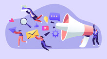 Marketing Team Work With Huge Megaphone, Communication, Alert Advertising, Propaganda, Speech Bubbles And Social Media Icons. Public Relations And Affairs, Pr Agency Cartoon Flat Vector Illustration