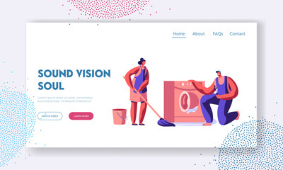 Poster - Man Plumber in Uniform Fixing Broken Washing Machine at Woman Customer Home. Husband for an Hour, Repair Service Call Master Website Landing Page, Web Page. Cartoon Flat Vector Illustration, Banner