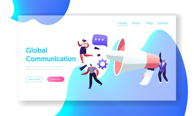 Global Communication Concept, Marketing Team with Huge Megaphone, Alert Advertising, Propaganda, Public Relations and Affairs Website Landing Page, Web Page. Cartoon Flat Vector Illustration, Banner