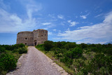 Fototapeta Lawenda - Arza fortress on a bright sunny day, a stony road leading to the fortress, green bushes near the road.
