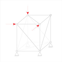 Vector illustration of a 3D spatial truss with pinned supports and a roller support. Simple drawing construction isolated on white background. Truss Force Diagram. Engineering graphic.