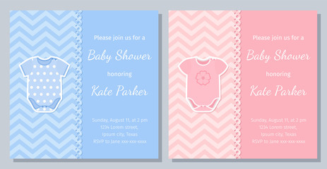 Baby Shower card. Vector. Baby boy, girl invite. Welcome template invitation banner. Cute blue, pink design. Birth party background. Happy greeting holiday poster with onesie. Flat illustration.