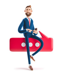 Sticker - 3d illustration. Portrait of a handsome businessman with phone and bubble talk. Conversation concept.