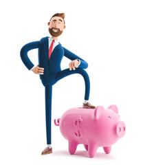 Wall Mural - 3d illustration. Portrait of a handsome businessman with piggy bank. Safe money storage concept.