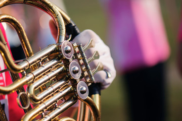 The marching band is playing the French Horn intrument