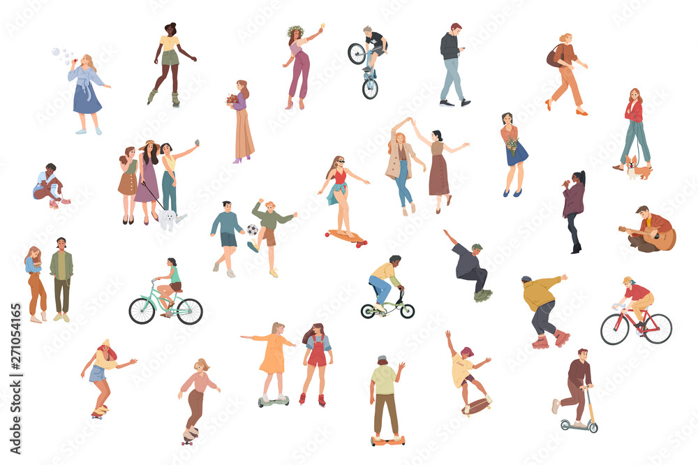 People. Summer outdoors activities. Walking, Riding bicycle, playing, skateboarding. Group of children, boys and girls, male and female cartoon characters - obrazy, fototapety, plakaty 