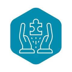 Poster - Hands hold one puzzle icon. Outline hands hold one puzzle vector icon for web design isolated on white background