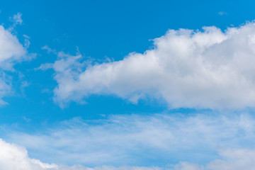 Blue sky with fluffy clouds. Natural landscape. Spring nature scene.