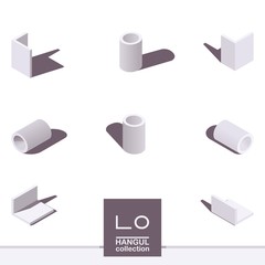 Poster - Vector isometric collection with hangul elements. Letters N and Ng of korean alphabet in shades of white color. Various foreshortening and top views