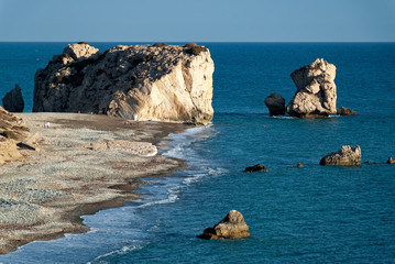 View of Petra tou Romiou (Rock of the Greek), also known as Aphrodite's Rock, a sea stack in Paphos, Cyprus