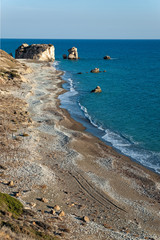 View of Petra tou Romiou (Rock of the Greek), also known as Aphrodite's Rock, a sea stack in Paphos, Cyprus