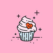 Pink love cupcake line icon with sweet heart on pink valentines background. Vector illustration.