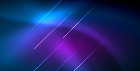 Neon glowing techno lines, blue hi-tech futuristic abstract background template with lights