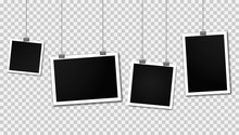 Vintage Photo Frames Hanging On A Clips. Set Of Photo Frames. Realistic Detailed Photo Icon Design Template. Blank Photo Frame Hanging On A Line. Vertical And Horizontal Template Photo Design