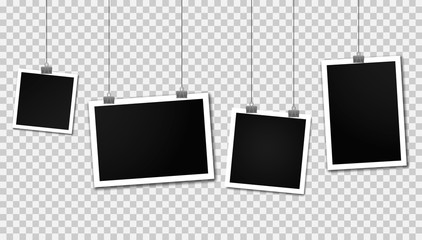 Poster - vintage photo frames hanging on a clips. set of photo frames. realistic detailed photo icon design t