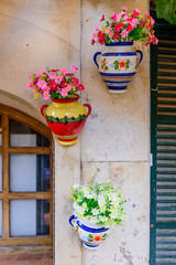 Wall Mural - Wall decorated with flower pots. Valldemossa, old town. Popular tourist destination in Mallorca island, Spain