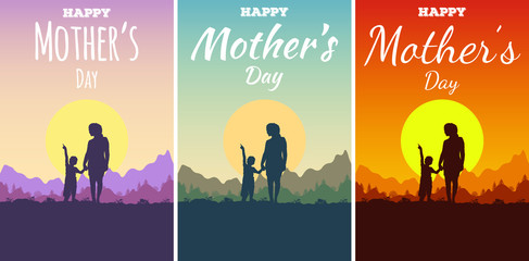 set of vertical broadsheet or booklets for happy mother's day. silhouette of mother and son on backg