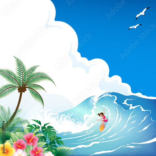 南国の青い海でサーフィンをする女性 Stock Vector Adobe Stock