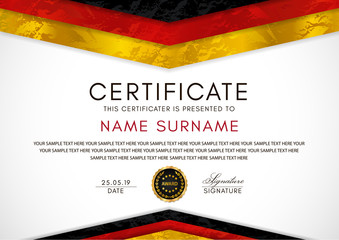 Wall Mural - Certificate template with German flag (black, red, yellow colors) frame and gold badge. White background design for Diploma, certificate of appreciation or award