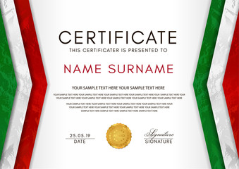certificate template with italian flag (black, red, yellow colors) frame and gold badge. white backg