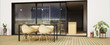 vue 3d terrasse avec chaise et grande baie vitrée