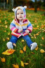 Wall Mural - Girl sitting on the grass and playing with colorful autumn leaves