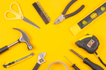 Set of various construction tools. Tools for home repair. Work at a construction site. Flatly. Flatlay.