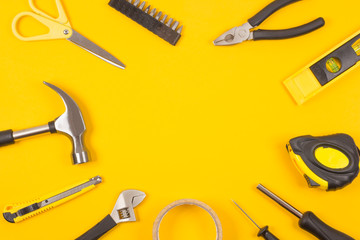 Set of various construction tools. Tools for home repair. Work at a construction site. Flatly. Flatlay.