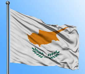 Cyprus flag waving in the deep blue sky background. Isolated national flag. Macro view shot.