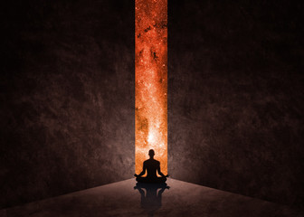 Wall Mural - yoga man man in front of open door with universe behind
