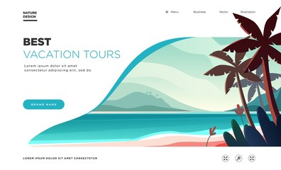 landing page template. modern landscape background with palms on the beach. best vacation tours comm