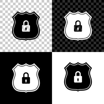 Shield security with lock icon isolated on black, white and transparent background. Protection, safety, password security. Firewall access privacy sign. Vector Illustration