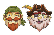 Colored Cartoon Sea Pirate Heads Vector Illustration Set