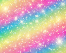 Vector Illustration Of Galaxy Fantasy Background And Pastel Color.The Unicorn In Pastel Sky With Rainbow. Pastel Clouds And Sky With Bokeh . Cute Bright Candy Background .
