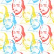 Hand drawn William Shakespeare portrait seamless repeat vector pattern. Literary, classical british theatre, english book, education background. Bright colorful texture.