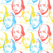Hand Drawn William Shakespeare Portrait Seamless Repeat Vector Pattern. Literary, Classical British Theatre, English Book, Education Background. Bright Colorful Texture.